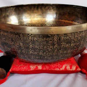 5 Inch Kasha Buddha Singing Bowl with Carving Including Square Cushion and Stick