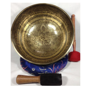 11 Inch Green Tara and Buddhist Mantra Carving Meditation Bowl