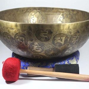 5 Inch Kasha Buddha Singing Bowl with Carving Including Square Cushion and Stick